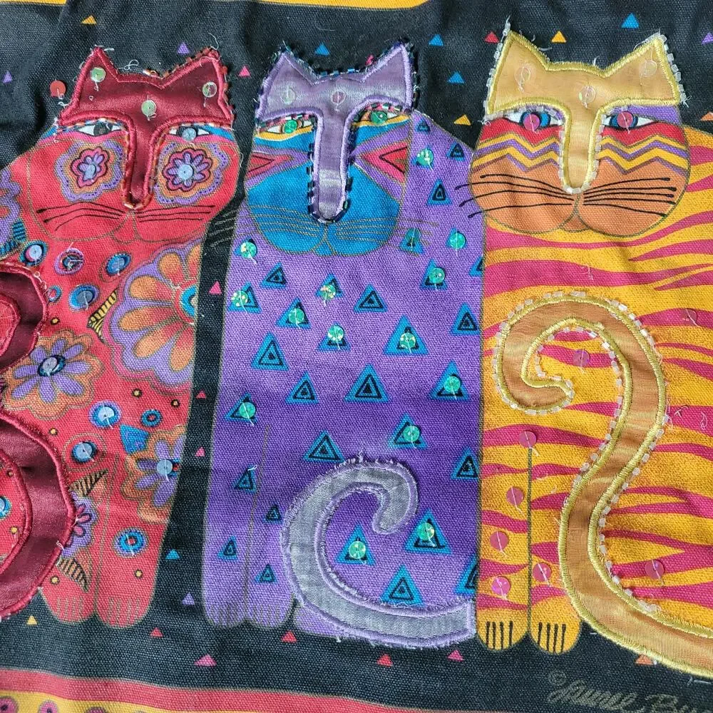 Vintage Y2K Laurel Burch Tote Bag Cats Bright Sequins Beaded 90s Artsy Colorful